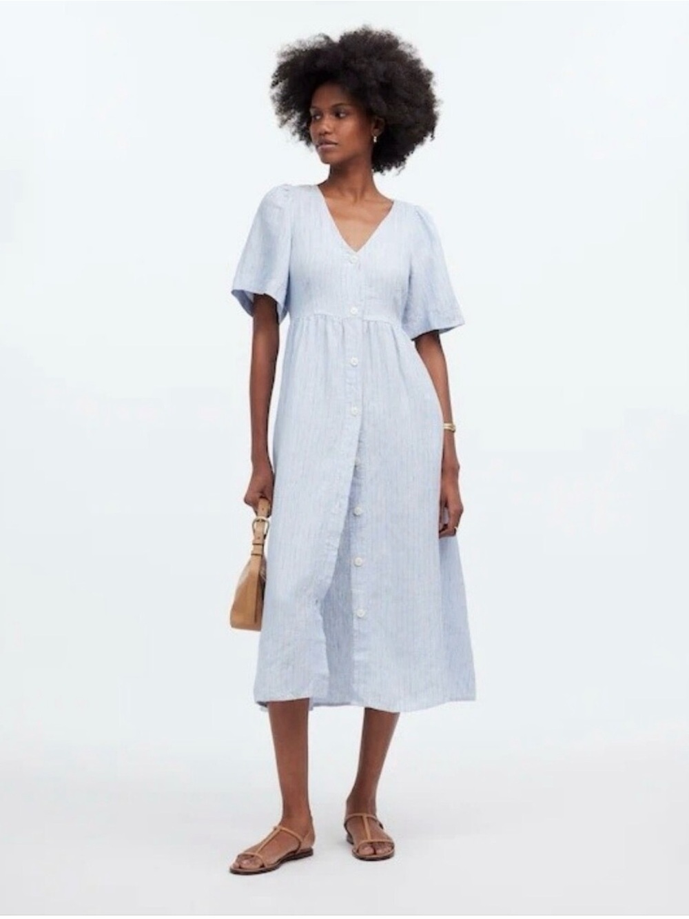 Madewell 100% Linen Breezy Light Blue Striped Button-Front Midi Dress